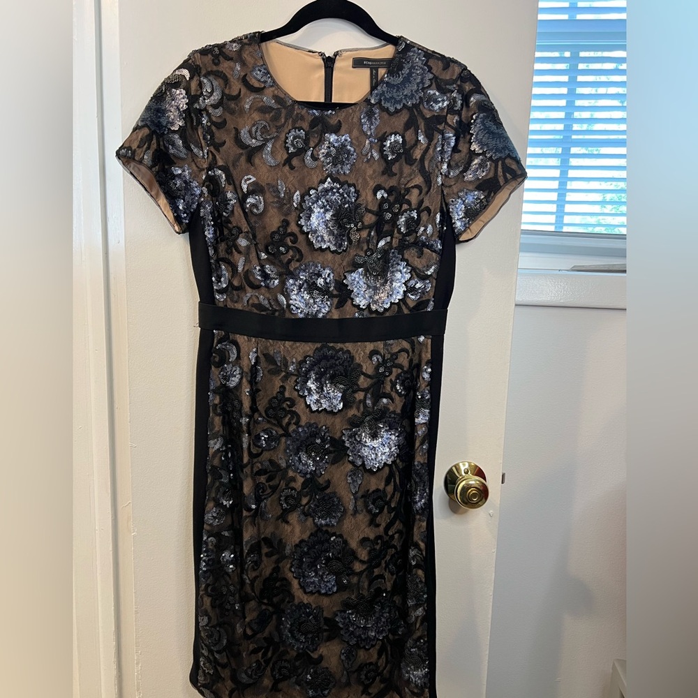 BCBGMaxAzria Black and Silver Floral Midi Dress